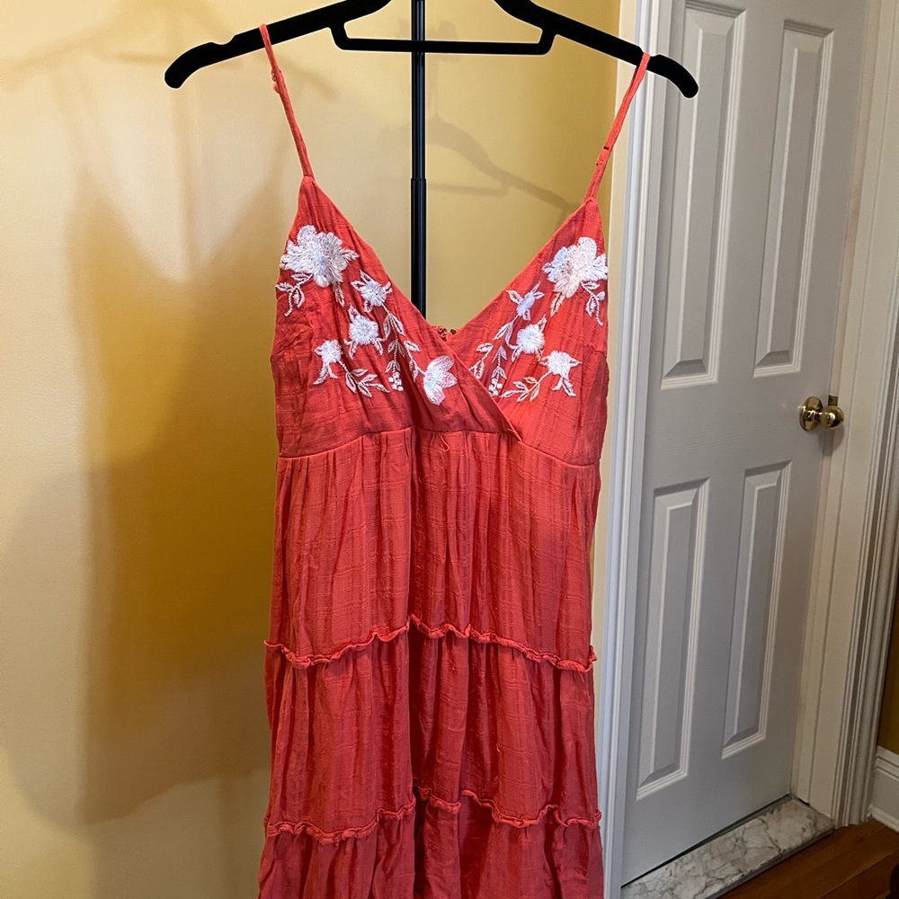 Coral Mini Dress with White Floral Details
